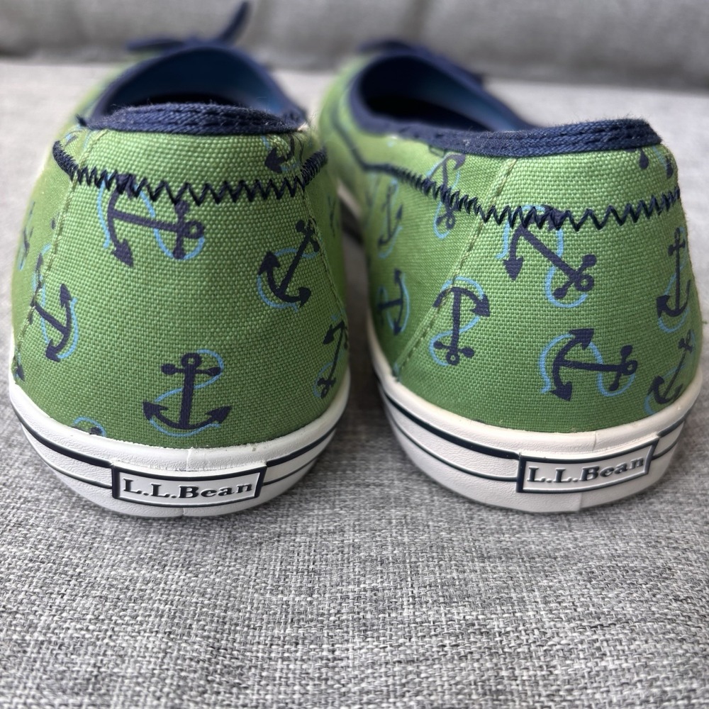 L.L. Bean Women's 8W Boat Sneaker Shoes Canvas Green Blue Nautical Anchors - Picture 6 of 14